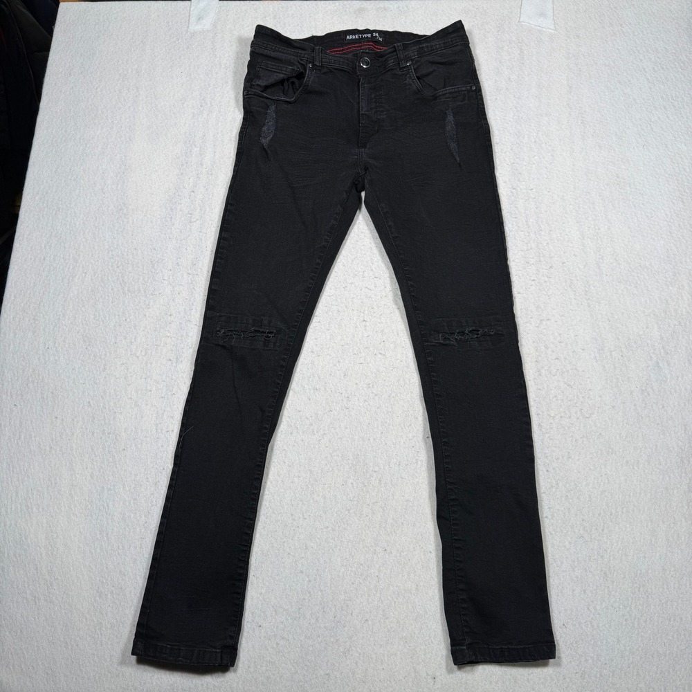 Arketype Mens Slim Fit Distressed Ripped Denim Jeans Black Size 34x34